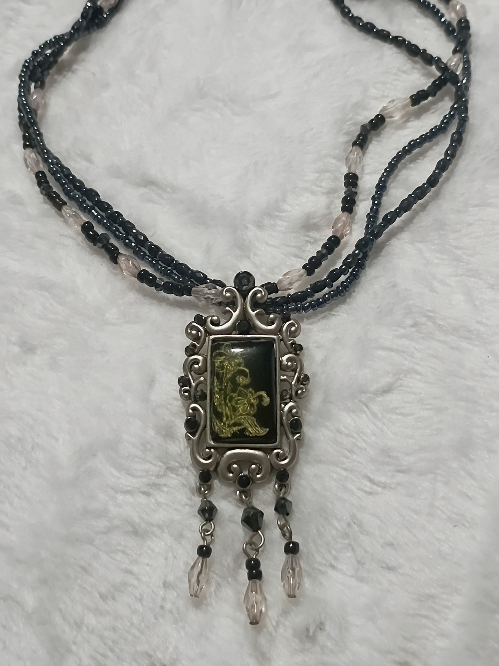 Victoria. Inspired Black and Clear Beaded Pendant Necklace